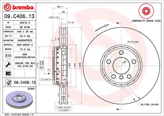 BREMBO 09C40613 Fren Diski On Sag Bmw F07 F10 F11 F06 F12 F13 F01 F02