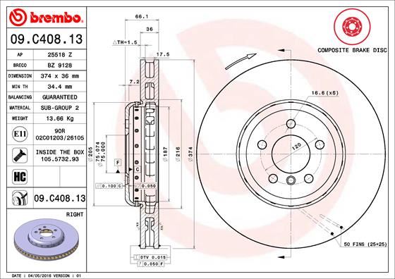 BREMBO 09C40813 Fren Diski On Sag Bmw F07 F10 F11 F06 F12 F13 F01 F02 F04