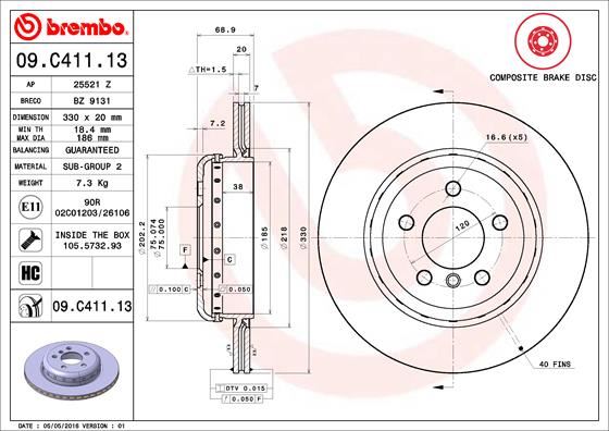 BREMBO 09C41113 Fren Diski Arka Bmw F10 F11 F18