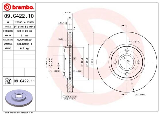 BREMBO 09C42211 On Fren Disk Aynasi B Max 12> Fiesta Vi 13> Transit Courier 14>