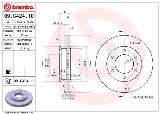 BREMBO 09C42411 On Fren Diski Ford Ranger Tke 2.2-3.2 11> Mazda Bt-50 2.2tdci 12->