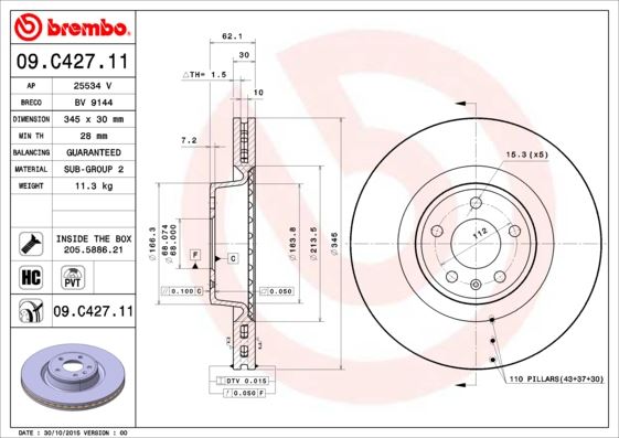 BREMBO 09C42711 Fren Diski A6 3.0 Tdi-Tfsi 2012-2018 A6 Allroad Quattro 4g 3.0 Tdi V6 24v.A6 Allroad Quattro 4g 3.0 Tfsi V6 24v