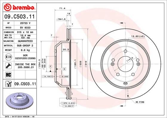 BREMBO 09C50311 Arka Fren Diski Hava Kanalli - Kaplamali Kia Sorento 2.0l D4ha 15-20 314 Çap X 5 Bijon - Adet Di Sk Fiyatıdır