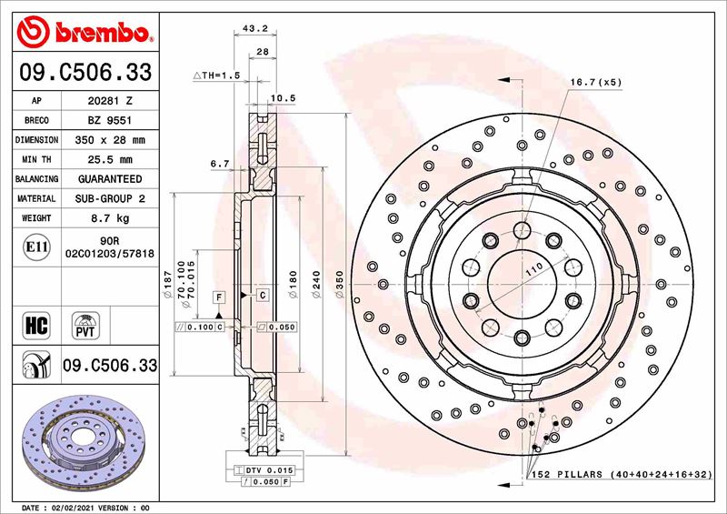 BREMBO 09C50633 Fren Diski Alfa Romeo Giulia 952 10/15->-Alfa Romeo Stelvio 949 12/16->
