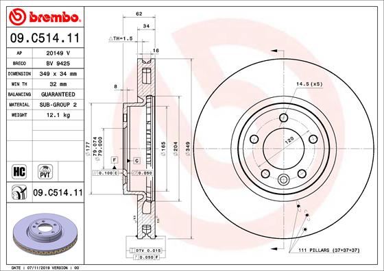 BREMBO 09C51411 Fren Diski On Land Rover Discovery L462 Range Rover Sport L494 L405