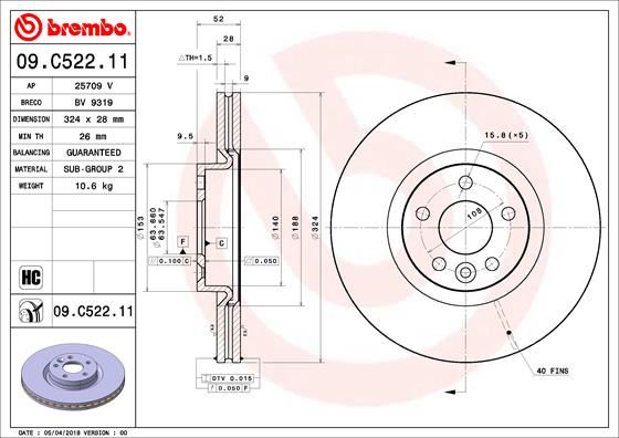 BREMBO 09C52211 Ön Fren Aynasi Adet Volvo Xc60 D3 D4 D5 2.4d 2.0t 3.2 T5 T6 2008 >2017 Cap 324x5 Bjn Delikli