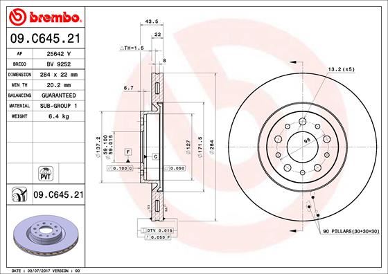 BREMBO 09C64521 Ön Fren Aynasi Disk Fiat Egea 16> 1.0 1.3 Mtj 1.4 1.5 1.6 Mtj 5 Bijon Diş:284mm K:24mm