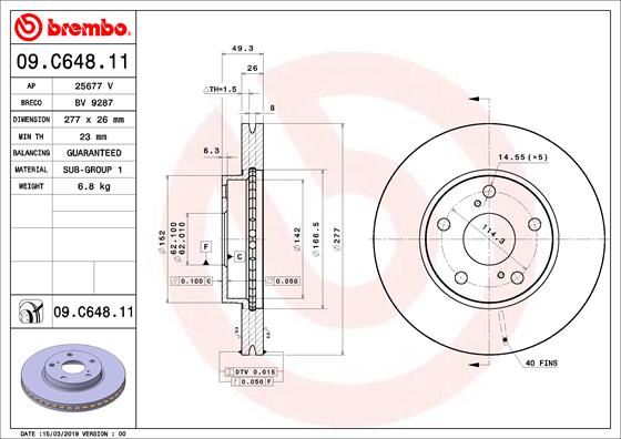 BREMBO 09C64811 Ön Fren Diski Hava Kanalli Toyota Auris Corolla 1.6l 1zr-Fae Zre181 Zre185 13-18 1.4l 1nd-Ftv D-4d Nde180 13-18 1.33l 1nr-Fe Nre180 13-18 277 Çapx5 Bijon Paslanmaya Karşi Kaplama Adet Disk Fiyatı