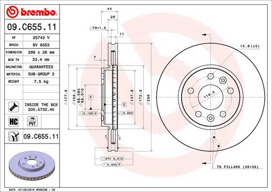 BREMBO 09C65511 Ön Fren Diski Renault Megane Iv 15> Talisman 15> Diş Çap:296mm K:26mm Y:44mm 5 Delik