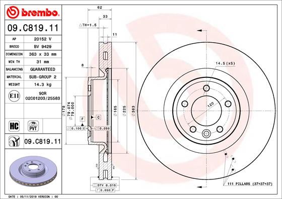 BREMBO 09C81911 Fren Diski On Land Rover Discovery L462 Range Rover L494 L405