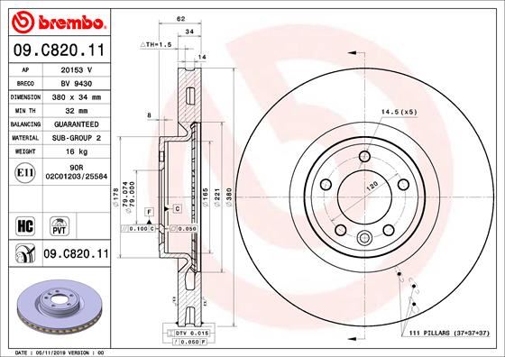 BREMBO 09C82011 Fren Diski On Defender L663 Discovery 5 L462 R.R 4 Vogue L405 R.R Sport 2 L494