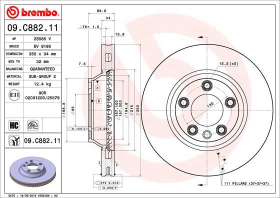 BREMBO 09C88211 Ön Fren Aynasi Sol Audi Q7 3.0 Tdi 06 > Touareg 02 >Cayenne 3.2 4.5 S Turbo 02 > 350mm 986479249-Df4764s