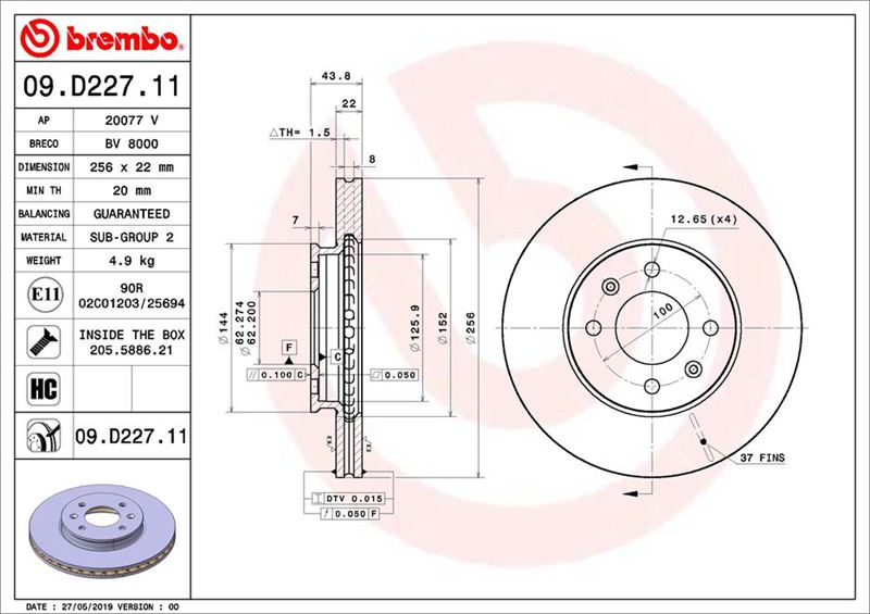 BREMBO 09D22711 Ön Fren Diski Hava Kanalli Hyundai I20 1.2l G4la 15-20 1.4l G4lc 15-18 1.4l D4fc Crdi 15-18 / Kia Rio 1.2l 1.4l G4la G4lc 17-> 256 Çap X 4 Bijon - Adet Disk Fiyatıdır