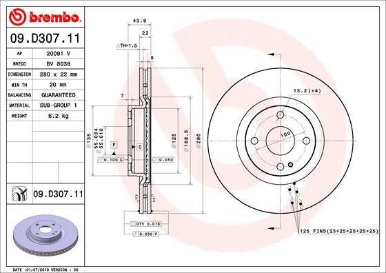 BREMBO 09D30711 Ön Fren Diski Fiat 124 Spider 16> Mazda Mx-5 16> 280x22x 4delik