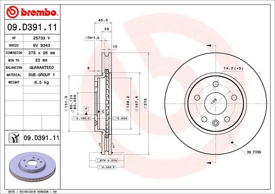 BREMBO 09D39111 Ön Fren Aynasi Astra K 15 > 15 İnç / 5 Delik 276x26x5dl Havali