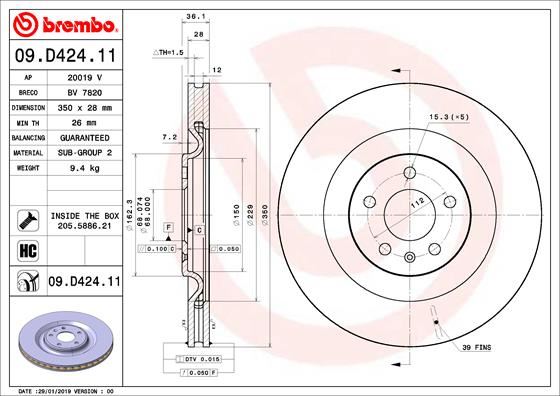 BREMBO 09D42411 Fren Diski Arka Kaplamali Havali Touareg-A6-A7-A8-Q8-E Tron 986479e41-Df6750s