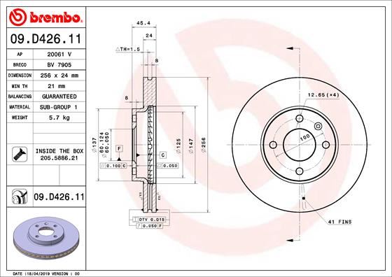 BREMBO 09D42611 Ön Fren Diski Chevrolet Aveo T300 1.2 16v / Aveo T300 1.4 16v 11>14 256x24x60x45.5x4dl Hvl 14 Jant