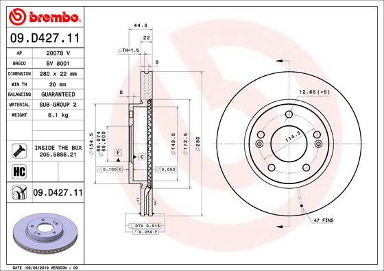 BREMBO 09D42711 Fren Diski On Uv Coated Hyundai