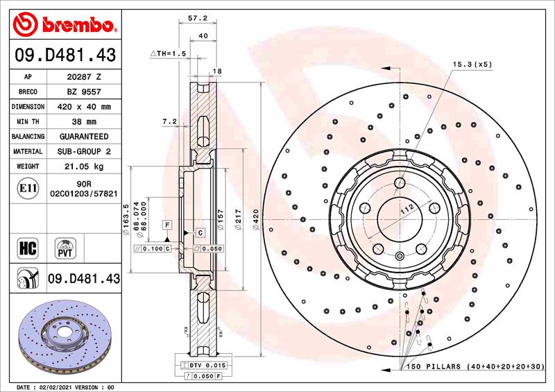 BREMBO 09D48143 Fren Diski Audi A6 C8 Avant 4a5 05/18->-Audi A7 Sportback 4ka 10/17->