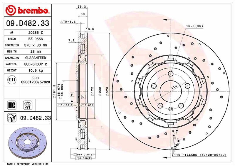 BREMBO 09D48233 Fren Diski Audi A6 C8 Avant 4a5 05/18->-Audi A7 Sportback 4ka 10/17->-Audi Q8 4mn 02/18->