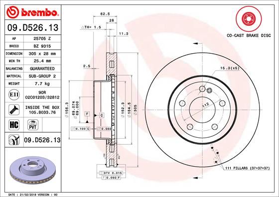 BREMBO 09D52613 Fren Diski On Mercedes W205 S205 C205 A205 W213 S213 C238