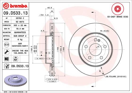 BREMBO 09D53313 Fren Diski Arka Mercedes W205 S205 C205 A205 C257 W213 C238
