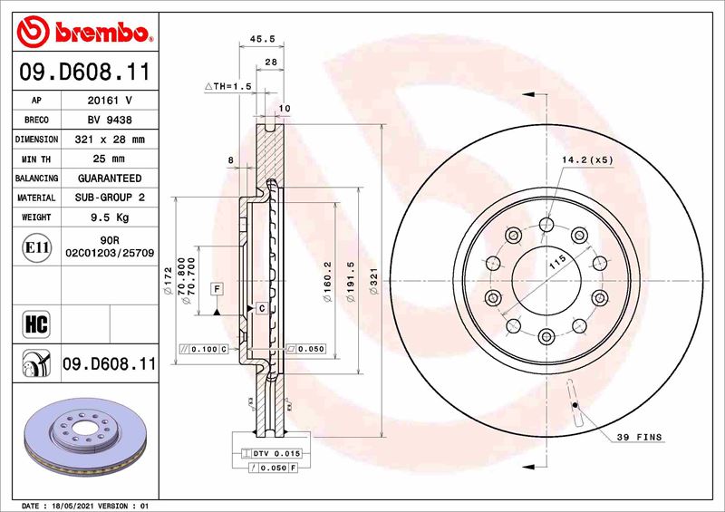 BREMBO 09D60811 Ön Fren Aynasi Insignia B 2017 >> 17 İnç 321x28x5dl Havali
