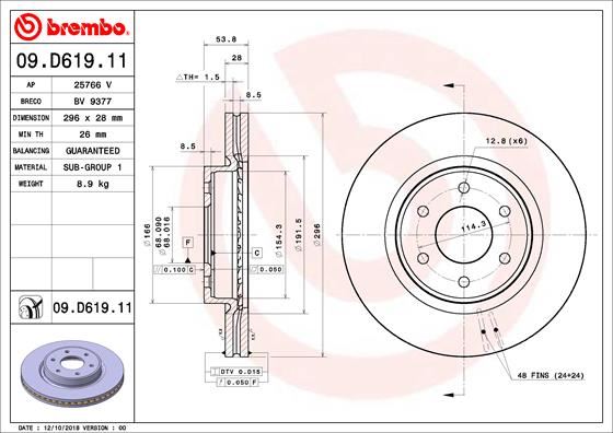 BREMBO 09D61911 Ön Fren Diski Hava Kanalli - Kaplamali Nissan Navara 2.3l Ys23 D23 16-> 296 Çap X 6 Bijon - Adet Disk Fiyatıdır