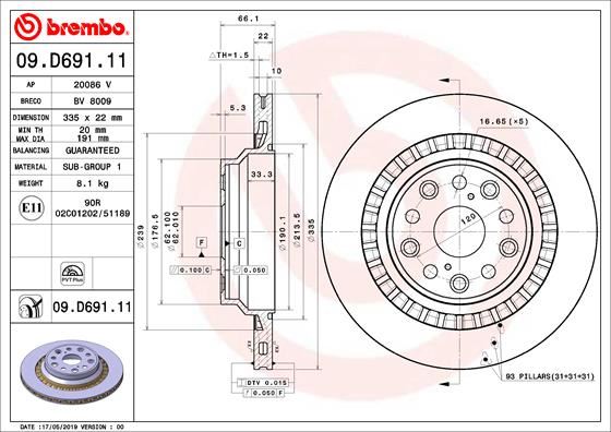 BREMBO 09D69111 Fren Diski Arka Uv Coated Lexus