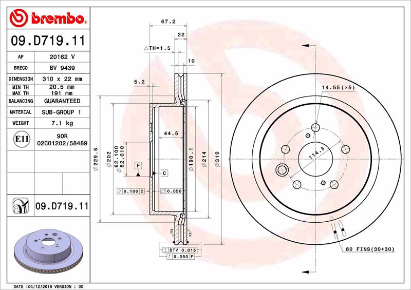BREMBO 09D71911 Fren Diski Lexus Gs L1 08/11->-Lexus Rc C1 08/14->
