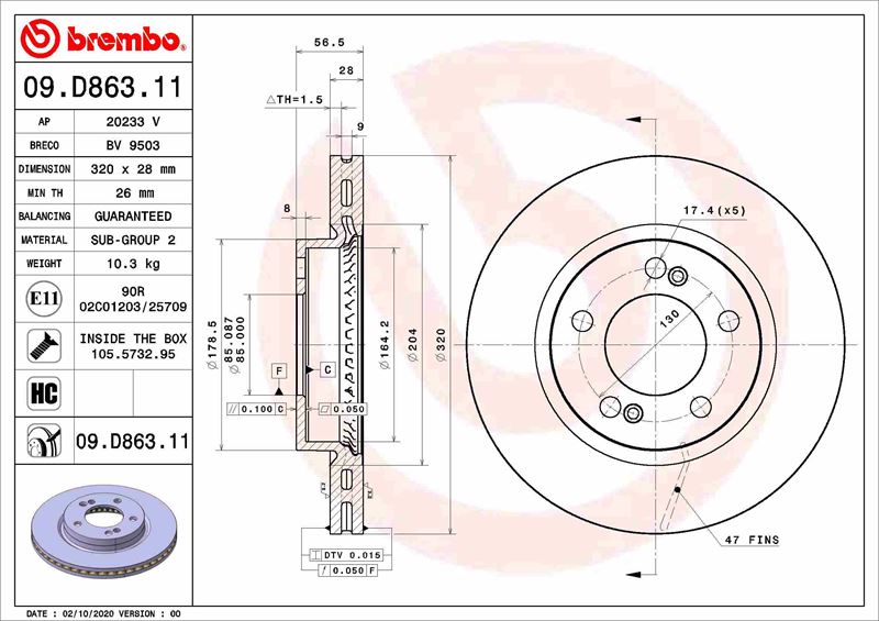 BREMBO 09D86311 Fren Diski Ssangyong Musso Qk 01/18->-Ssangyong Musso Grand 01/19->-Ssangyong Rexton Y400 07/17-