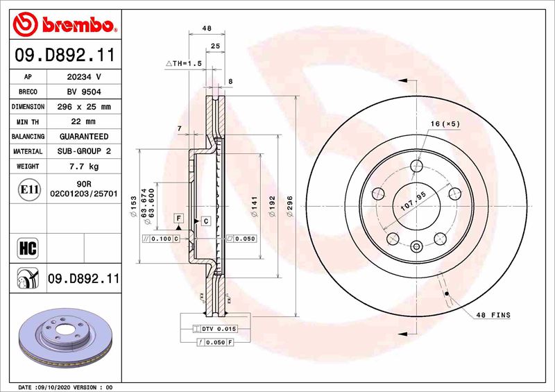 BREMBO 09D89211 Ön Fren Disk Volvo Xc40 536 2017/10 >