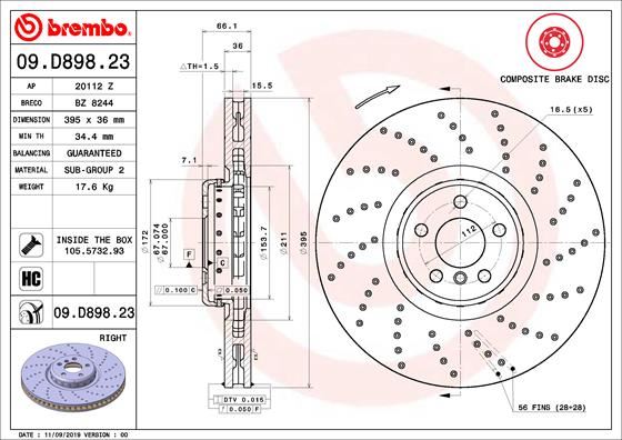 BREMBO 09D89823 Fren Diski On Sag Bmw G30 G31 G32 G11 G12 G14 G15 G16 G05 G06 Delikli M Performance