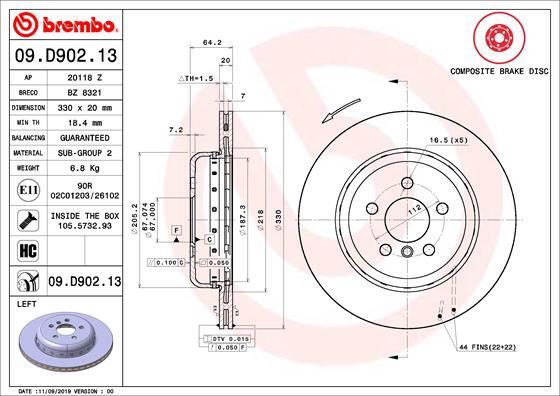 BREMBO 09D90213 Fren Diski Arka Sol Bmw G20 G21 G28 G22 G23 G26 G30 G31 G32 G11 G12 G08 G01 G02 G05 G29