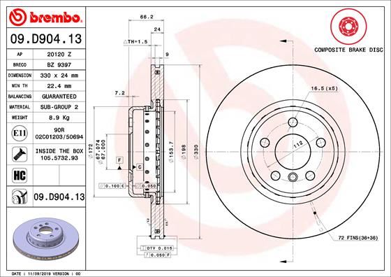 BREMBO 09D90413 Fren Diski On Bmw G20 G80 G28 G21 G81 G30 F90 G31 G01 F97 G08 G02 F98 G29