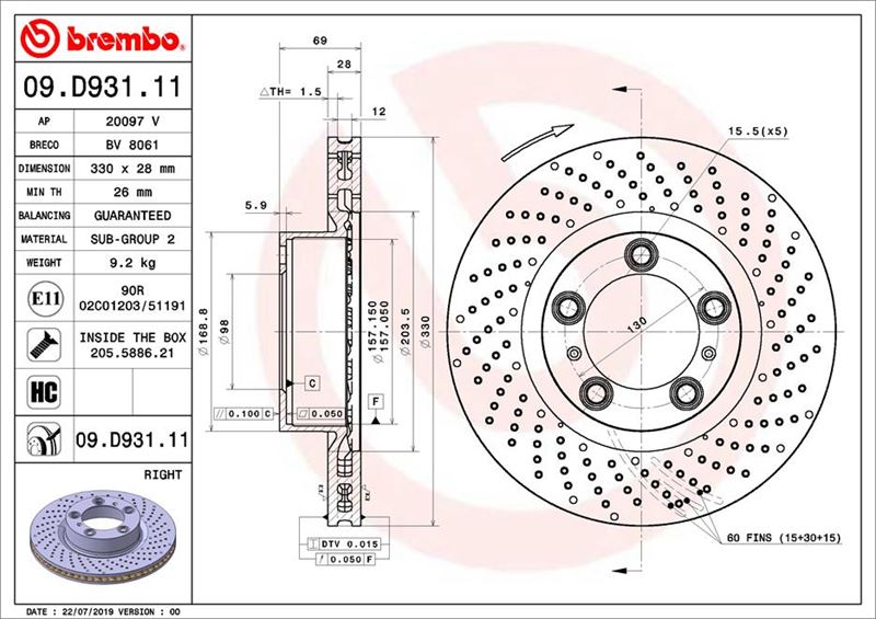 BREMBO 09D93111 Fren Diski. Ön.Sağ. 330 /28-26 Mm . Kaplamali. Yüksek Karbon Alaşimli 0986479d25