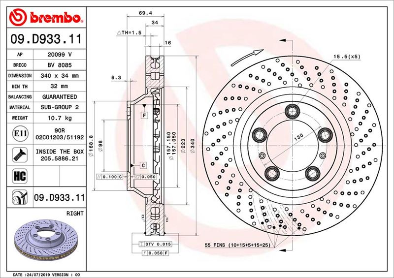 BREMBO 09D93311 Fren Diski On Uv Coated Porsche Df6721s