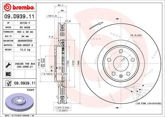 BREMBO 09D93911 Fren Diski. Ön. 360 /36-34 Mm . Kaplamali. Yüksek Karbon Alaşimli 0986479d29