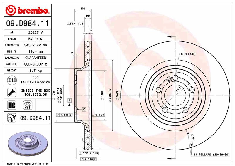 BREMBO 09D98411 Fren Diski Arka Mercedes V167 C167 X167