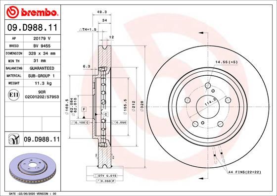 BREMBO 09D98811 Ön Fren Diski Hava Kanalli Toyota Rav4 2.5l A25a-Fxs Hybrid Axah54 19-> 328 Çap X 5 Bijon - Adet Disk Fiyatıdır