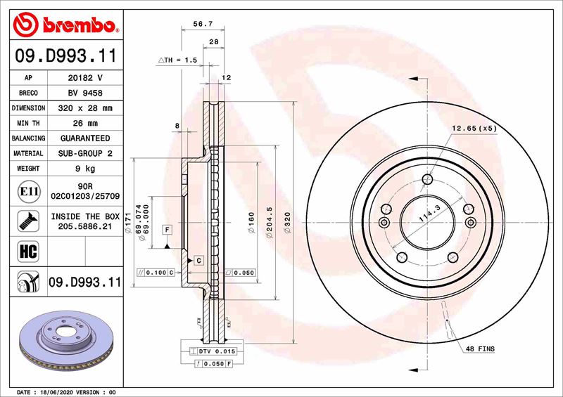 BREMBO 09D99311 Fren Diski On Uv Coated Kia