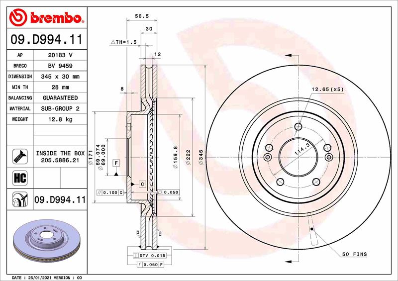 BREMBO 09D99411 Fren Diski Genesis G70 Ik 09/17->-Genesis G70 Shooting Brake Ik 06/21->-Kia Stinger Ck 06/17->