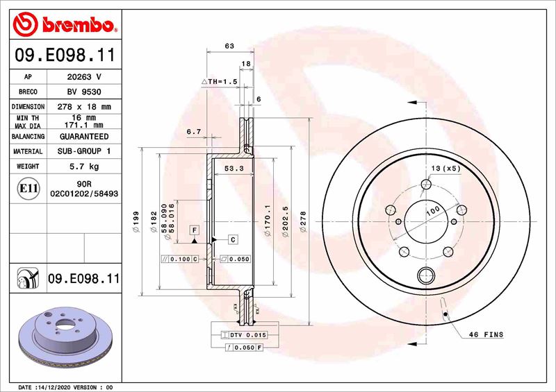 BREMBO 09E09811 Arka Fren Diski Dolu Tip - Kaplamali Subaru Forester 2.0l Fa20 Xt Awd Sjg 13-> 278 Çap X 5 Bijon - Adet Disk Fiy Atıdır