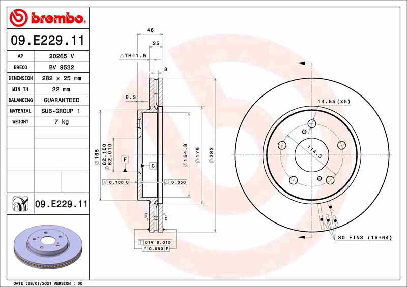BREMBO 09E22911 Ön Fren Diski Hava Kanalli Toyota Corolla 1.6l 1zr-Fae Zre210 19-> / 1.2l 8nr-Fts Nre210 / 1.8l 2 Zr-Fxe Hybrid Zwe211 19-> / Yaris Cross 1.5l 20-> 282 Çap X 5 Bijon - Adet Disk Fiyatıdır