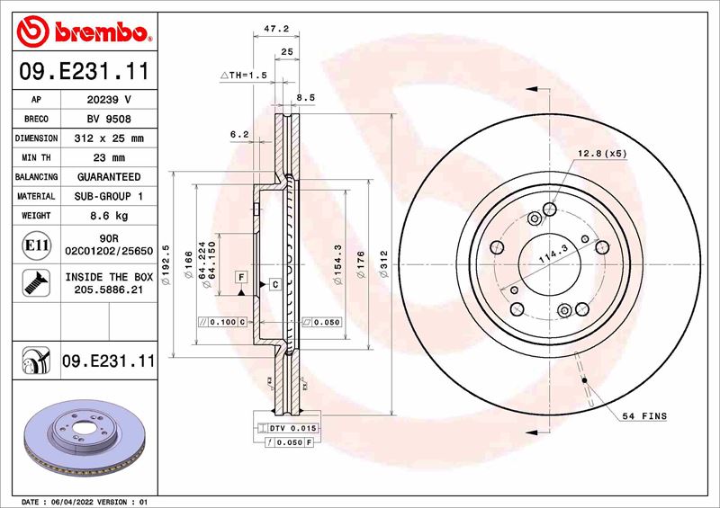 BREMBO 09E23111 Fren Diski Honda Accord X Saloon Cv 10/17->-Honda Cr-V V Rw. Rt 12/16->