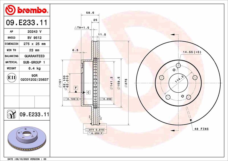 BREMBO 09E23311 Fren Diski Toyota Tacoma Pickup N2 09/04-12/15