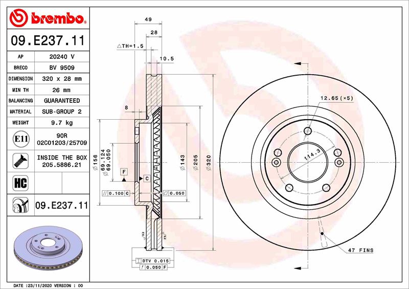 BREMBO 09E23711 Fren Diski Hyundai Santa F Iii Dm. Dma 09/12->-Hyundai Santa F Iii Suv Van Dm 09/12->-Kia Sore