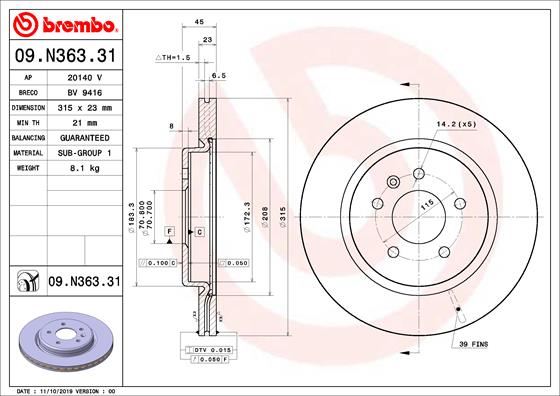 BREMBO 09N36331 Fren Diski Buick Sgm Regal Gs Eg7 07/17->-Buick Sgm Regal Iii Eg7 07/17->-Opel Insignia B Co