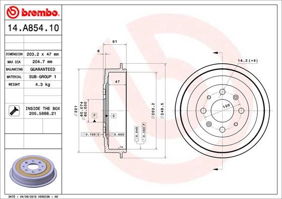 BREMBO 14A85410 Fren Kampanasi Arka Fiat Grande Punto 05> Punto 12> Punto Evo 09>12 Opel Corsa D 06>14 Adam 12>19 203.2 / 47 Mm