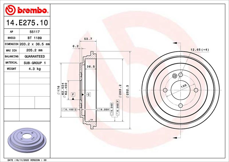 BREMBO 14E27510 Fren Kampanasi Hyundai Accent Iv Rb 11/10->-Hyundai Accent Iv Saloon Rb 08/10->-Hyundai Accent V